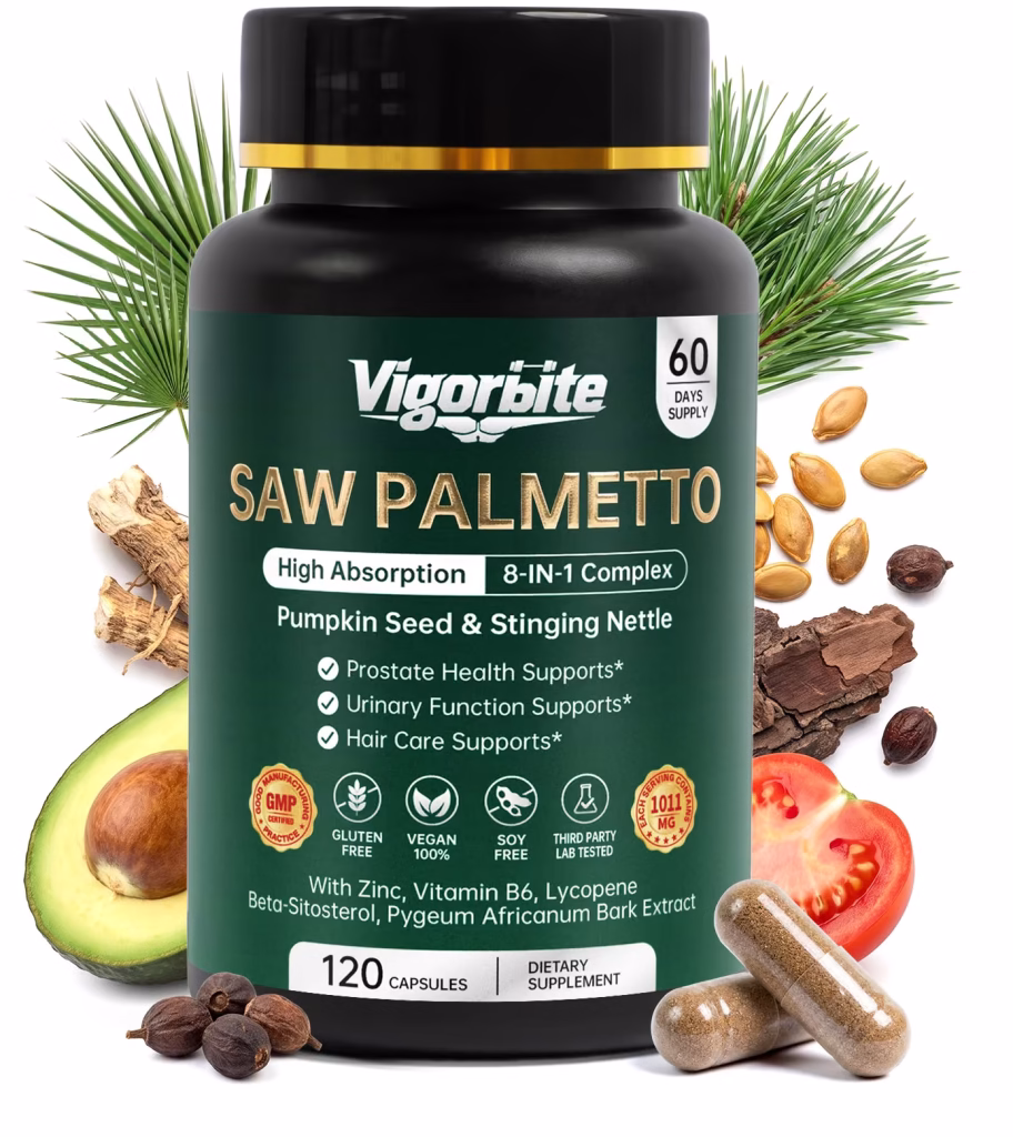 VigorBite saw palmetto bottle displayed with pumpkin seed, nettle, pygeum, tomato, and other formula ingredients