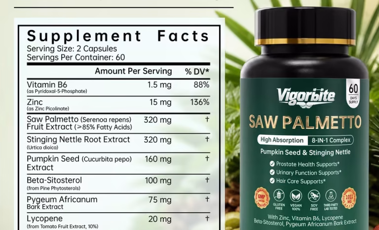 VigorBite Saw Palmetto Supplement Facts panel beside the product bottle